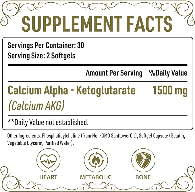 Liposomal Calcium AKG Supplement 1500 MG (Alpha-Ketoglutaric Acid), High Absorption, More Effective Than AAKG, Ca AKG for Longevity, Age Defense, Cellular Energy, Metabolic Function, 60 Softgels