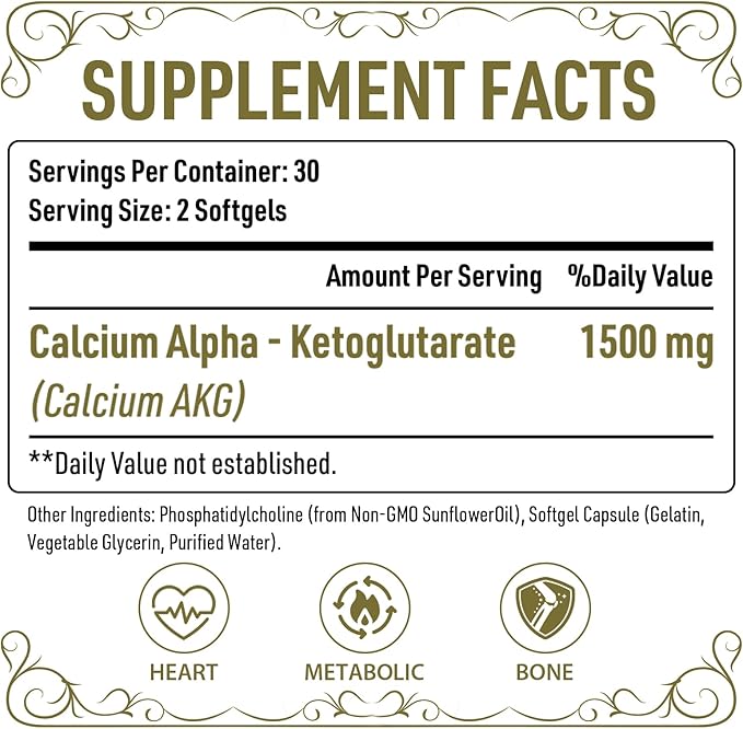 Liposomal Calcium AKG Supplement 1500 MG (Alpha-Ketoglutaric Acid), High Absorption, More Effective Than AAKG, Ca AKG for Longevity, Age Defense, Cellular Energy, Metabolic Function, 120 Softgels