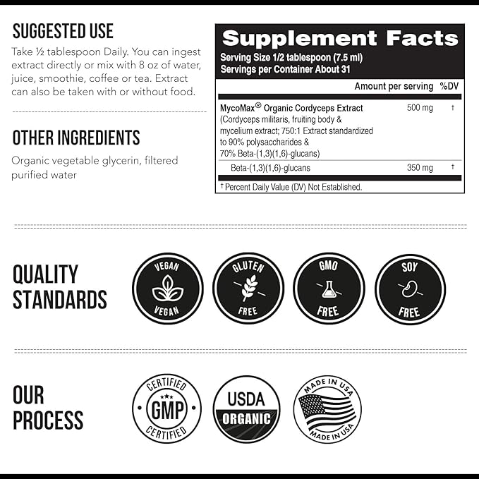 Organic Cordyceps Mushroom Extract - 70% Beta Glucans - Highest Active Nutrient Levels, Max Potency Cordyceps Tincuture, US Grown + Ultrasonic Extraction - Performance, Immunity and Energy - 8 oz.