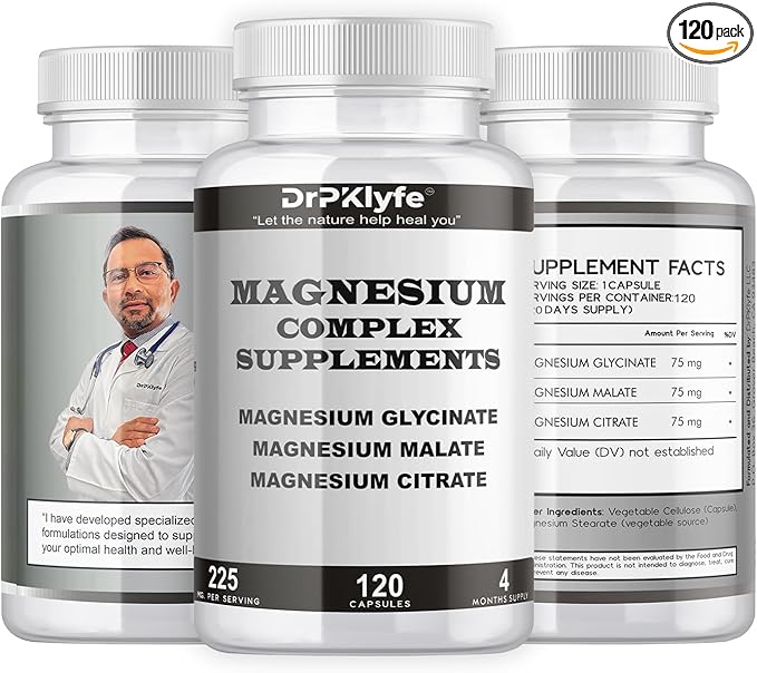 Board Certified Internist's Recommendation: Magnesium Complex Capsule| Glycinate |Malate|Citrate for Optimal Health|225mg, 4 Months Supply for Heart, Muscle & Bone Health - DrPKLyfe