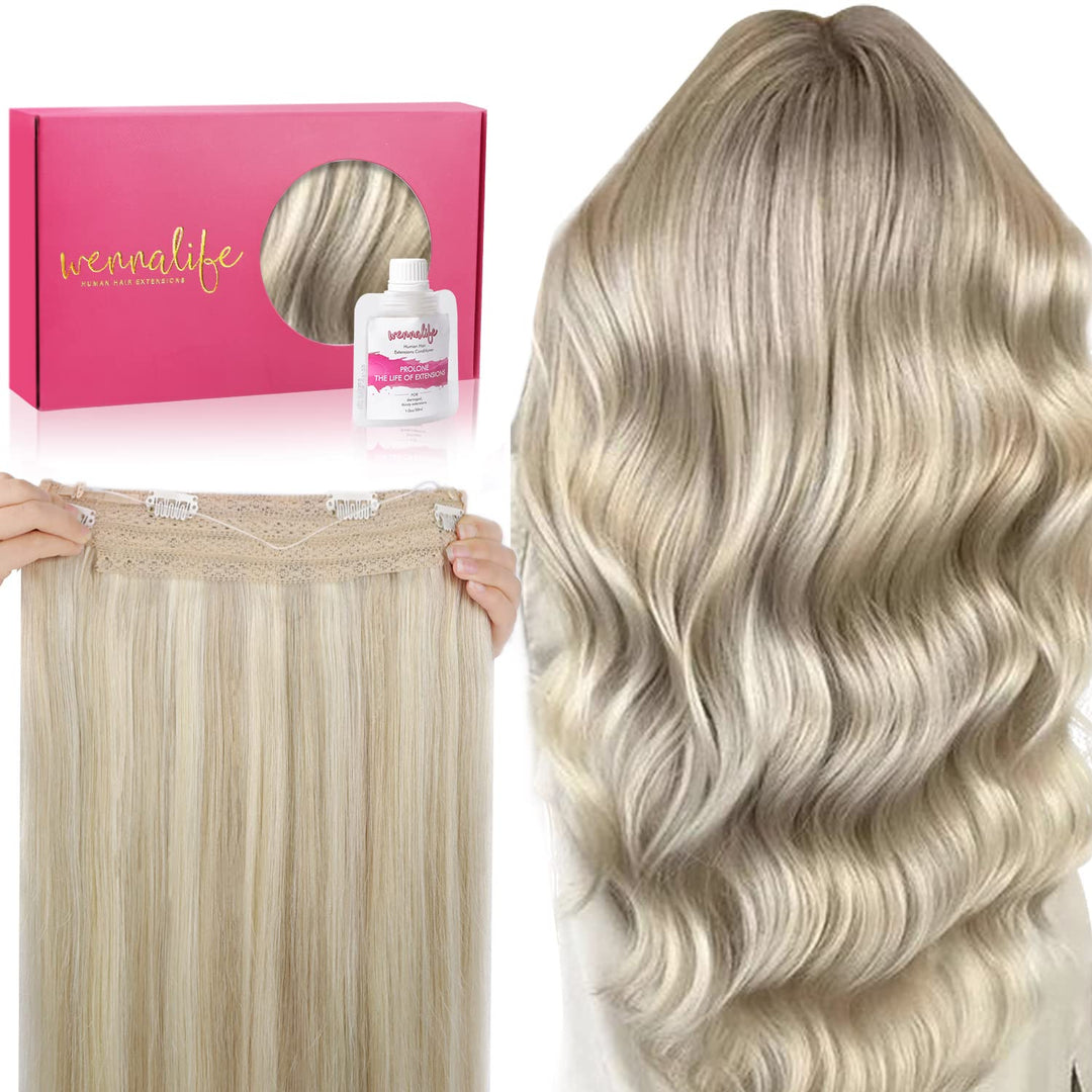 Wennalife Wire Hair Extensions (Increase 50% Lifespan) Real Human Hair 20 Inch 110G Ash Blonde Highlighted Platinum Blonde Remy