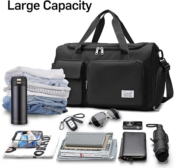 Sports Gym Duffel Bag with Shoes Compartment and Dry Wet Separated Pocket for Men and Women - Overnight Weekender Training Handbag Yoga Bag - Black