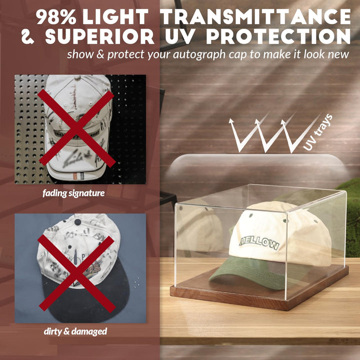 JupDec Hat Display Case, Clear Acrylic Baseball Cap Display Box Stand, UV Protection Signed Hat Transparent Showcase with Solid Wood Base Risers & Hat Shaper, Ideal Gift for Caps Collector