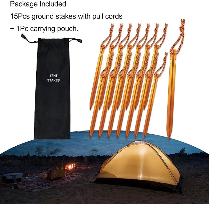 15Pack Tent Stakes, 7075 Aluminum Tent Stakes Heavy Duty, Lightweight Metal Stakes with Pull Rope, Tent Pegs for Backpacking, Durable Camping Tent Accessories, Orange
