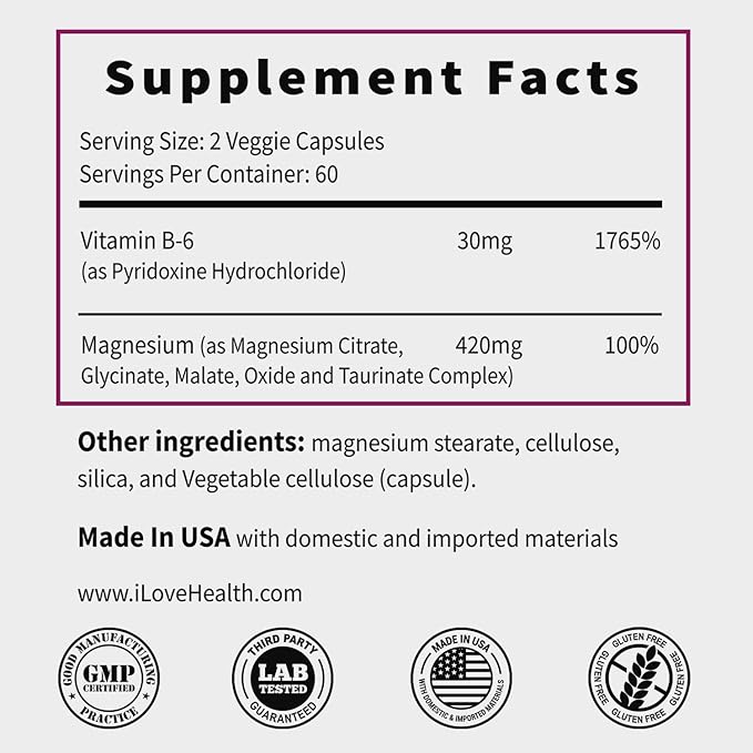 Magnesium Complex Supplement 420mg- 30mg Vitamin B6-5 in 1 Ultra Absorption Magnesium Glycinate, Oxide, Malate, Taurate & Citrate - Vegan Non-GMO Mag120 Capsules for Sleep, Muscle, Energy & Heart