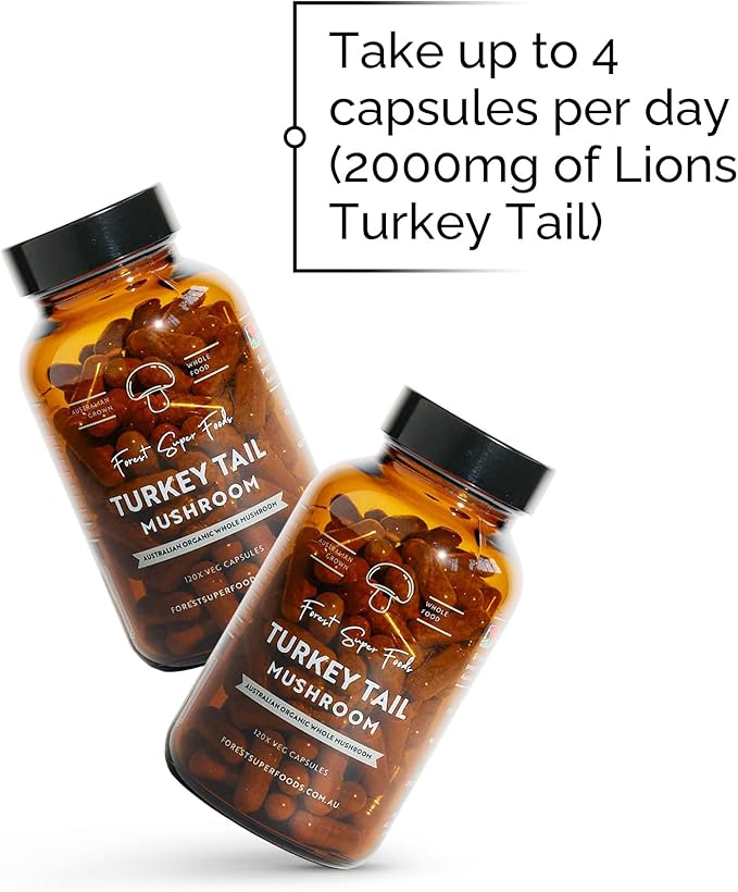 Australian Grown Turkey Tail Whole Mushroom (Includes Mycelium) - Great for Gut Health + Supporting The Bodys Natural defenses, 120x Capsules