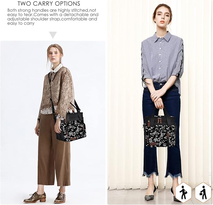 MIYCOO Lunch Bag for Women Men Double Deck Lunch Box - Leakproof Insulated Soft Large Lunch Cooler Bag, (White Flower,15L)