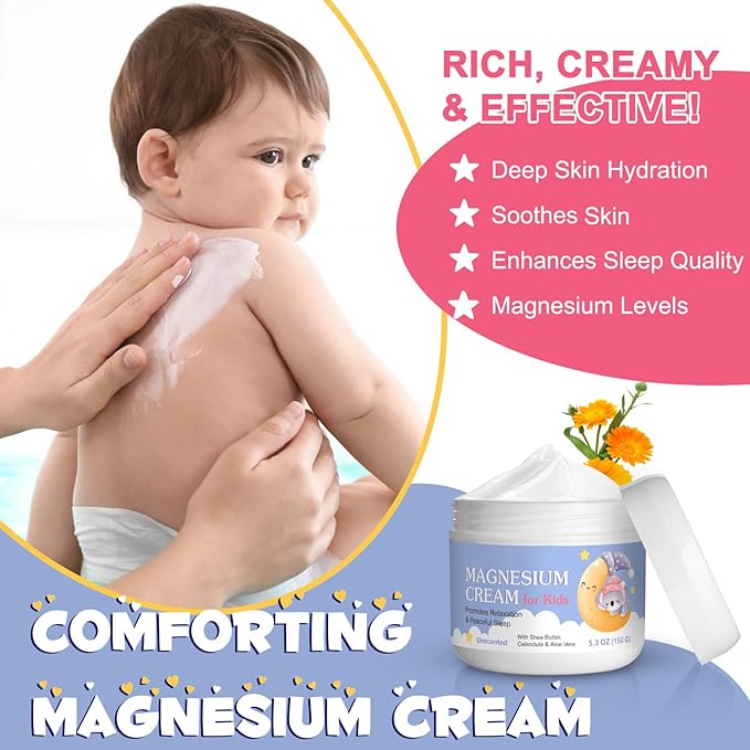 Magnesium Lotion for Kids, Topical Magnesium Cream with Shea Butter, Calendula & Aloe Vera, for Babies, Toddlers & Juniors, Apply to Legs, Arms or Chest, Easy To Absorb - 5.3 oz