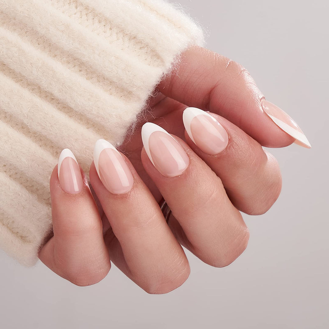 BTArtbox Press On Nails Short - French Tip Press On Nails, Almond Fake Nails White with Nail Glue, Fit Perfectly & Natural Reusable Stick On Nails in 15 Sizes Glue On Nails Kit, White French