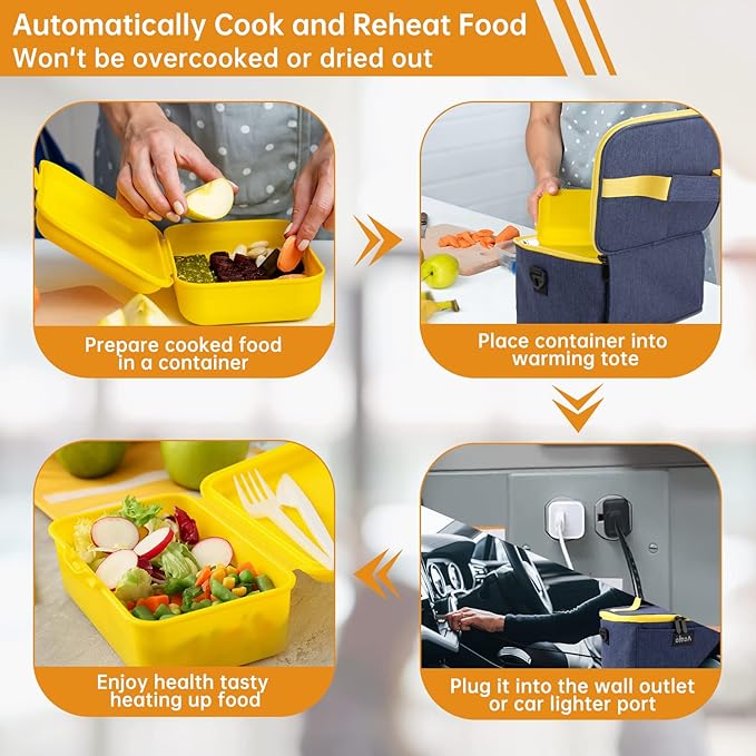 Aotto Portable Electric Lunch Box Food Heater, 12V/24V/110V 3-in-1 Car Food Warmer Heated Lunch Box for Adults, Cook, Reheat & Keep Meals Warm for Car, Truck, Travel, Work, Home - Navy Blue