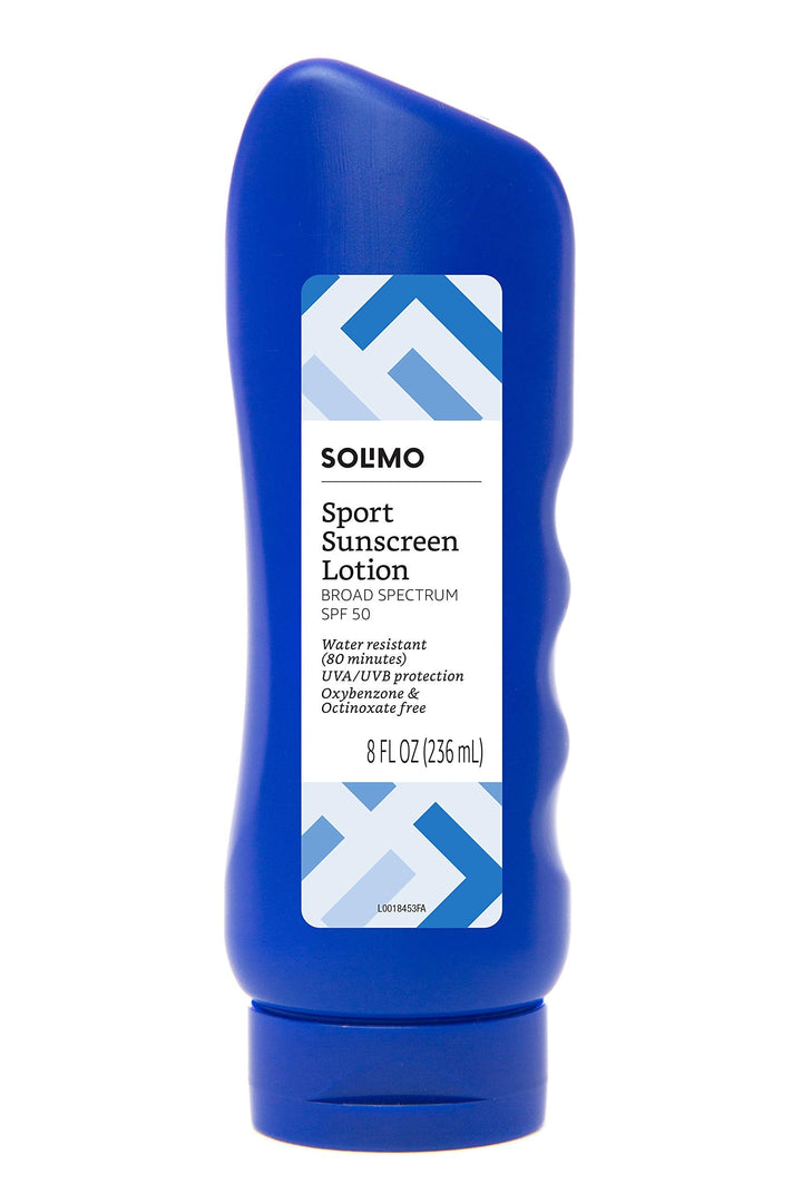 Amazon Brand - Solimo Sport Sunscreen Lotion, SPF 50, Formulated without Octinoxate & Oxybenzone, Broad Spectrum UVA/UVB Protection, 8 fl oz (Pack of 1)