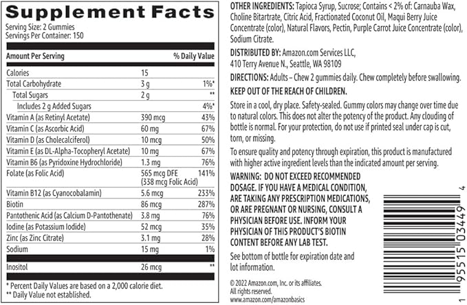 Amazon Basics Adult Multivitamin Gummies, Mixed Berry & Cherry, 150 Gummies, 75-Day Supply, Pack of 2 (Previously Solimo)