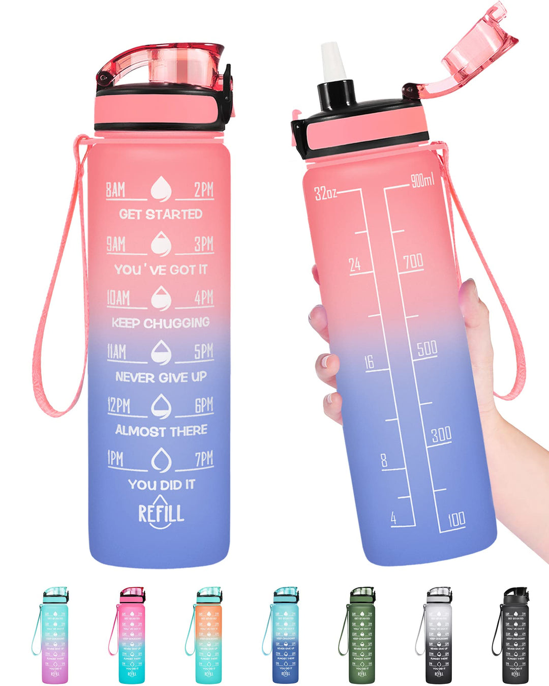 Enerbone 32 oz Water Bottle, Leakproof BPA & Toxic Free, Motivational Water Bottle with Times to Drink and Straw, Fitness Sports Water Bottle with Strap for Office, Gym, Outdoor Sports, Pink-Blue