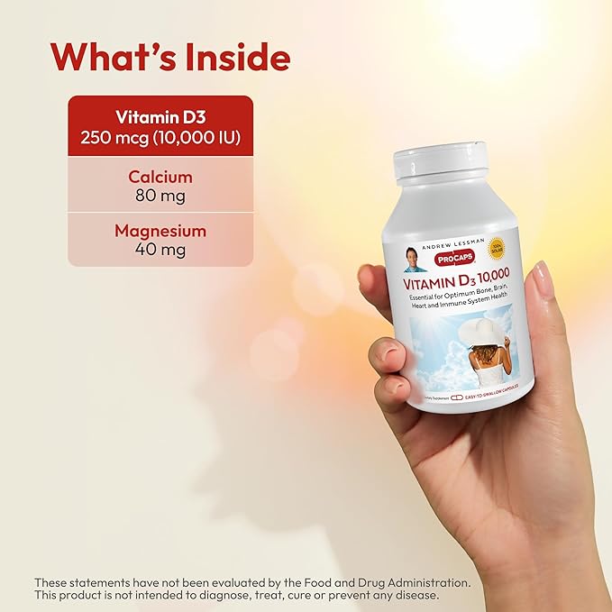 ANDREW LESSMAN Vitamin D3 10,000 IU 720 Capsules - High Potency, Essential for Calcium Absorption, Supports Bone Health, Healthy Muscle Function, Immune System, More. Small Easy to Swallow Capsules