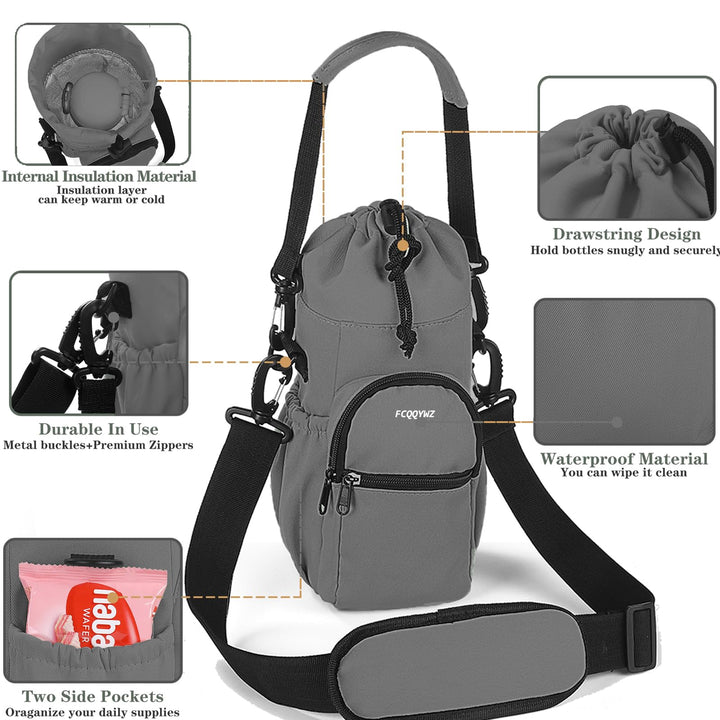 FCQQYWZ 25/32/40 oz Water Bottle Carrier Bag Sling Case, Sports Insulated Crossbody Water Bottle Holder with Adjustable Shoulder Strap and 4 Pockets for Men Women Hiking Camping Travelling (GRAY)