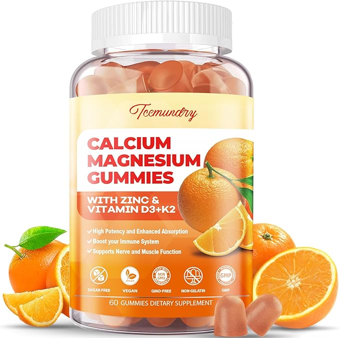 Calcium Magnesium Zinc Gummies with Vitamin D3 & K2 - High Absorption Magnesium Glycinate 400mg - Sugar Free Calcium Supplement - Support Nerve Muscle Mood & Immunity - for Adults Men Women Kids