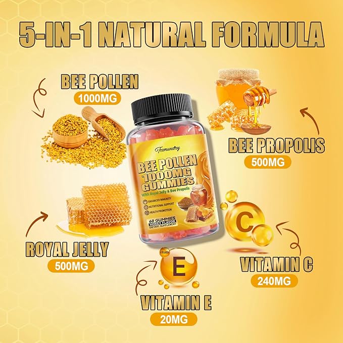 Bee Pollen 1000MG Gummies with 500MG Royal Jelly & Bee Propolis, Sugar Free Bee Pollen Supplement Rich in Vitamin C & E, Vegetarian, Non-GMO, Gluten Free, Support Immunity & Skin Health