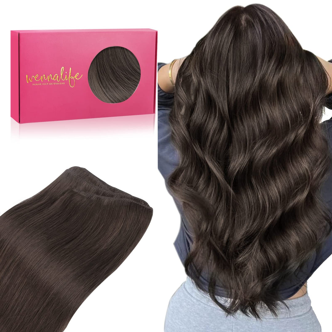 Wennalife Sew In Hair Extensions Real Human Hair, 24 Inch 120G Dark Brown Machine Weft Hair Extensions Human Hair Hand Tied Weft