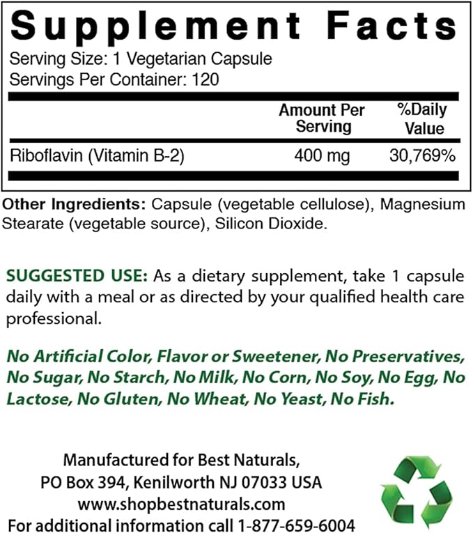 Best Naturals Vitamin B2 (Riboflavin) 400mg & Magnesium Glycinate 425 mg