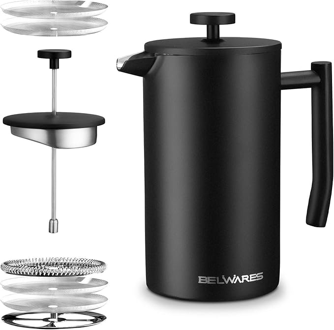 French Press Coffee Maker 34 Oz - Insulated Coffee Press Stainless Steel 304 - Double Wall & 4 Level Filtration System (1 Liter) - Black