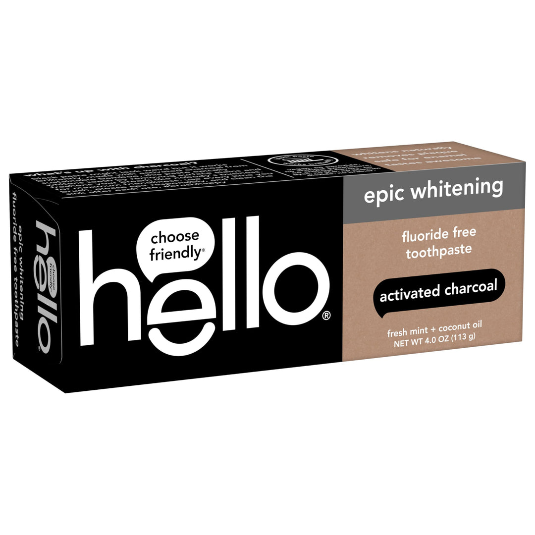 hello Epic Whitening Charcoal Fluoride Free Toothpaste, Activated Charcoal Toothpaste with Coconut Oil, Whitens Teeth Naturally, SLS Free, Fresh Mint, 4.0 Oz Tube