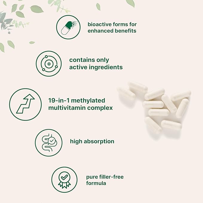 Pure Methylated Multivitamin for Men & Women | 240 Capsules with Vitamins C, D, B12, Thiamin, Folate + Magnesium, Zinc, & More | High Absorption | Bioactive Vitamin & Mineral Complex | Filler Free