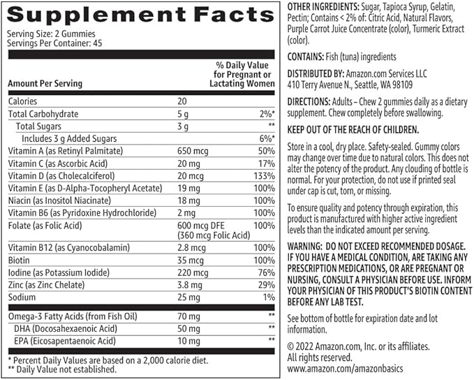 Amazon Basics Prenatal & DHA Gummy, Rasberry & Lemon Flavor, 90 Count (Previously Solimo) (Pack of 2)