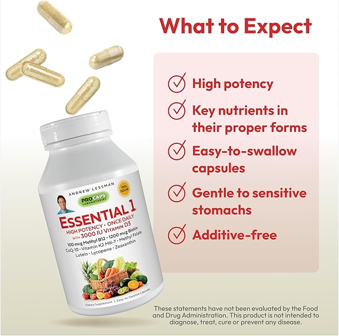 ANDREW LESSMAN Essential-1 Multivitamin 3000 IU Vitamin D3 360 Small Capsules - 100 mcg Methyl B12. CoQ10 Lutein Lycopene Zeaxanthin. High Potency. No Additives. Ultra-Mild. One Daily Capsule