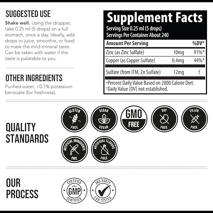 Ionic Zinc Plus Copper Liquid Concentrate 240 Servings, Glass Bottle, Vegan - Balanced Ratio of Zinc Copper - Supports Immunity, Brain Thyroid (2 oz.)