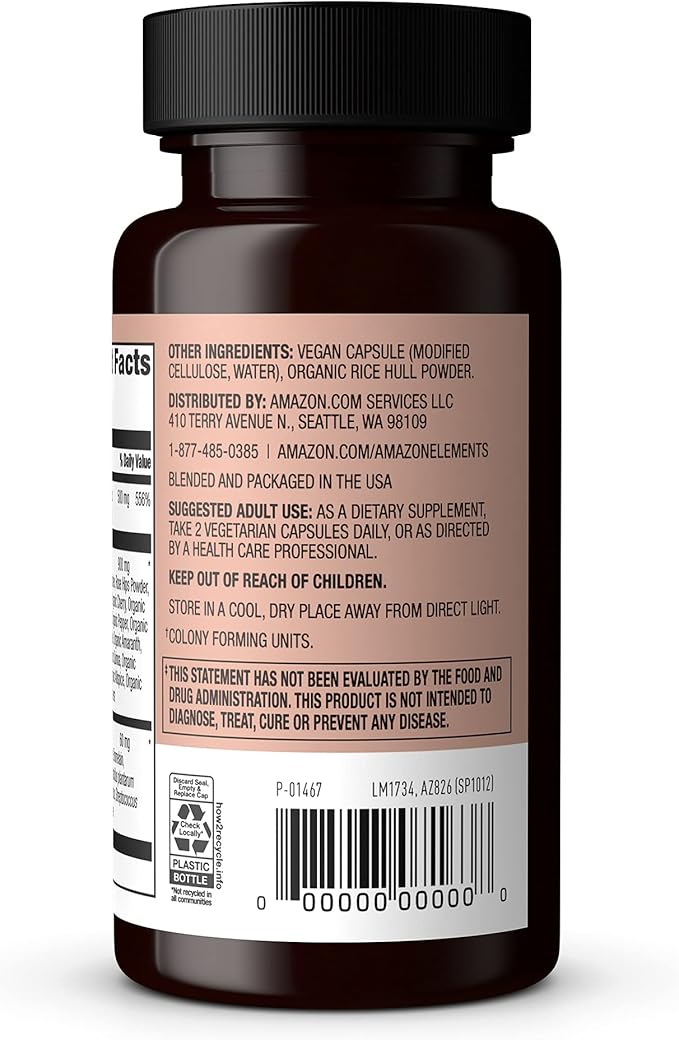 Amazon Elements - Whole Food Vitamin C, 95% Whole Food Source, Dietary and other ingredients derived from whole foods, Non-GMO verified ingredients, vegan certified, and gluten free, 60 capsules