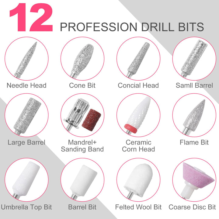 MEKK Electric Nail Drill Professional,35000RPM Cordless Electric Nail File with 12PCS Bits,Anti-Shaking Rechargeable E File Kit for Acrylic Nails,Home & Salon(Sliver)