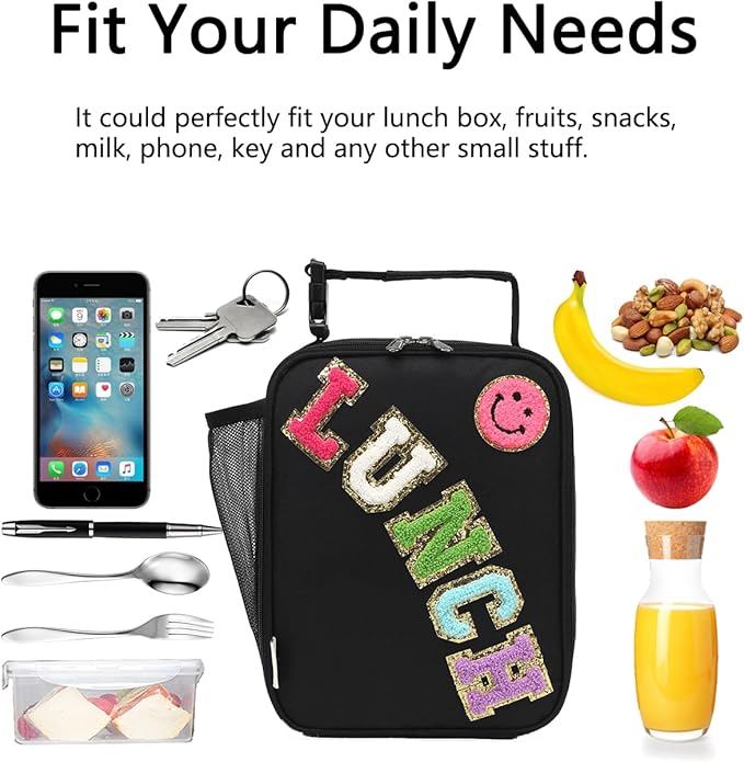 Insulated Lunch Bag for Women Girl Teen large Insulated Kid Lunch Bag,Large Reusable Cute Cooler Bag for School Work Picnic,Black Alphabet