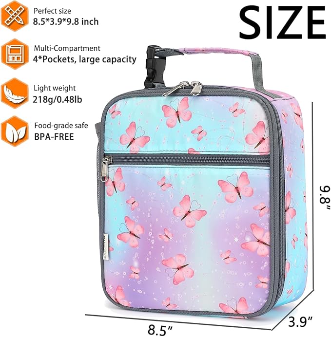 Lunch Box for Kids Boys Girls Men Women, Insulated Small Soft Cooler Lunch Bag Kit for School Work Picnic Travel - Reusable Portable lunchbox,Butterfly