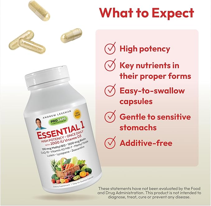 ANDREW LESSMAN Essential-1 Multivitamin 2000 IU Vitamin D3 60 Small Capsules - 100 mcg Methyl B12. CoQ10 Lutein Lycopene Zeaxanthin. High Potency. No Additives. Ultra-Mild. One Daily Capsule