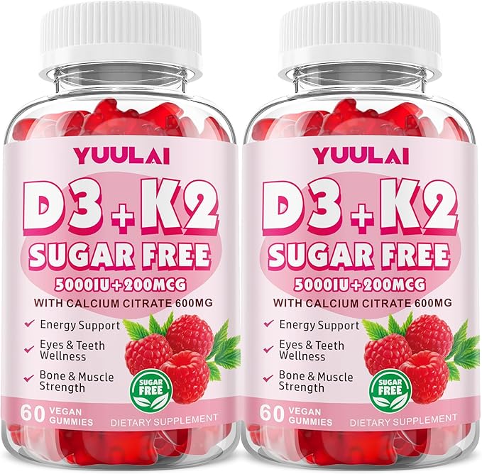 Pack of 2 Vitamin D3 K2 Gummies, D3 Vitamin 5,000 IU + K2 200mcg - Vegan K2 D3 Vitamin Supplement, Highly Absorbent Supports Bone, Muscle, Immune, Raspberry, 120 Count