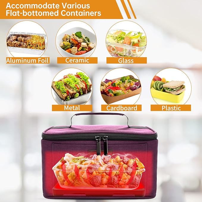 Aotto Portable Oven, Electric Lunch Box Food Heater - 12V/24V/110V 3-in-1 Car Food Warmer - Heated Lunch Box for Adults - Cook, Reheat & Keep Meals Warm for Vehicle, Travel, Work, Home - Deep Purple