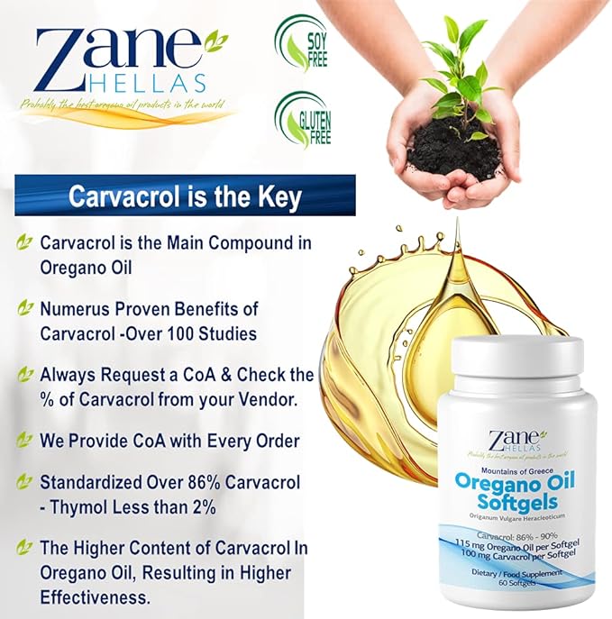 Zane Hellas Oregano Oil Softgels. Extra Strength. Every Softgel Contains 20% Greek Essential Oil of Oregano. 100 mg Carvacrol per Softgel. 60 Softgels.