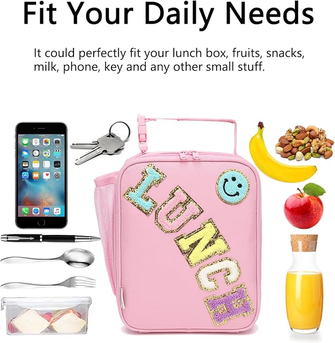 Insulated Lunch Bag for Women Girl Teen large Insulated Kid Lunch Bag,Large Reusable Cute Cooler Bag for School Work Picnic,Pink Alphabet