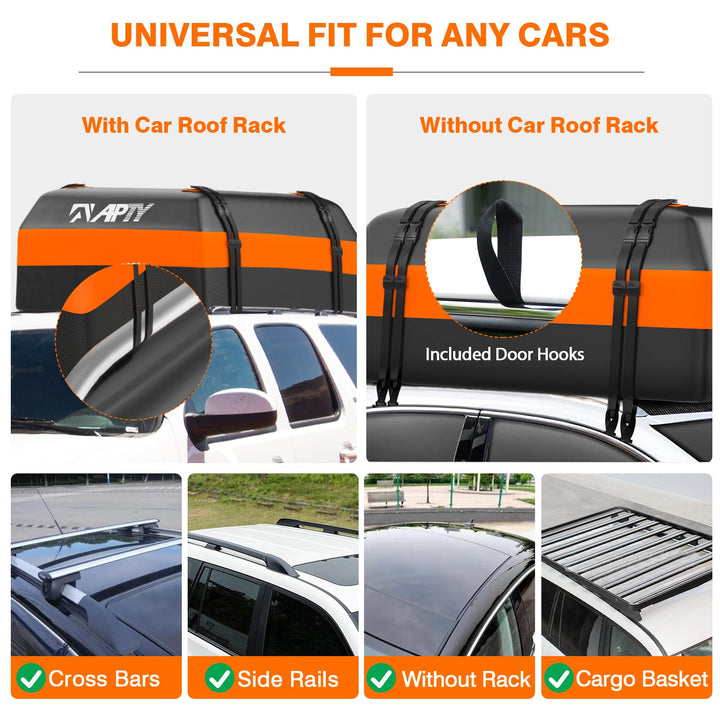 APTY Car Rooftop Cargo Bag Carrier, 16 Cubic Feet Soft Roof Top Luggage Bag for All Vechicles with/Without Racks - with Waterproof Zip, Luggage Lock, Anti-Slip Mat, Door Hooks, Storage Bag