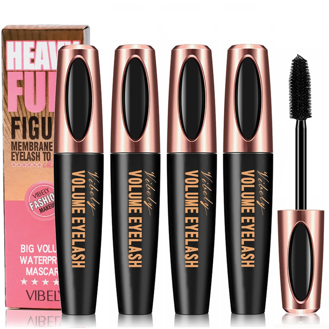 4D Silk Fiber Lash Mascara Smudge-Proof Extension Voluminous Fiber Mascara Natural & Waterproof Mascara Long-Lasting No Flaking/No Clumping, All Day Exquisitely Full (4 Packs)