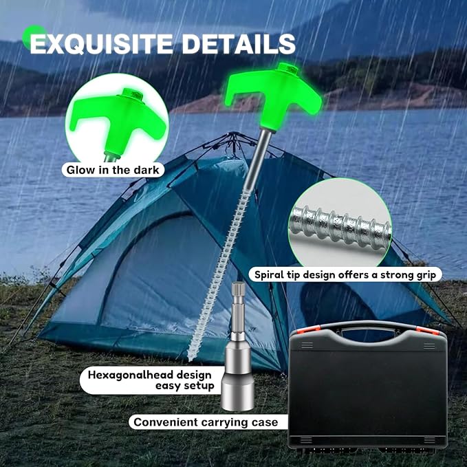 16 Pcs 8" Heavy Duty Metal Threaded Tent Stakes Tent Pegs Ground Stakes Glow in The Dark Drill in Style Ground Anchors Screw in for Yard Camping Garden Canopies Grassland (Hex Tool and Carry Case)