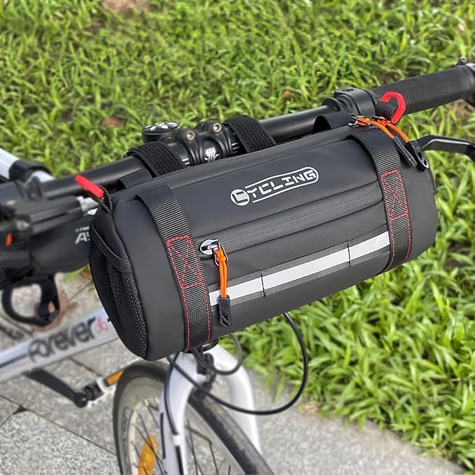 Bike Handlebar Bag, Waterproof Bicycle Front Roll Bag with Reflective Area, Cycling Storage Pouch with Waterproof Zipper Shoulder Strap Removable Straps for Road Mountain E-Bikes
