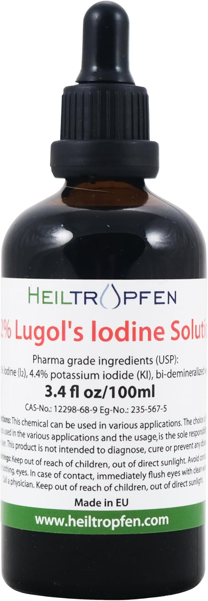 2.2% Lugol's Iodine Solution 3.4 Fl Oz | Pharmaceutical Grade Ingredients | Lugols Solution Made with Iodine and Potassium Iodide. Heiltropfen®