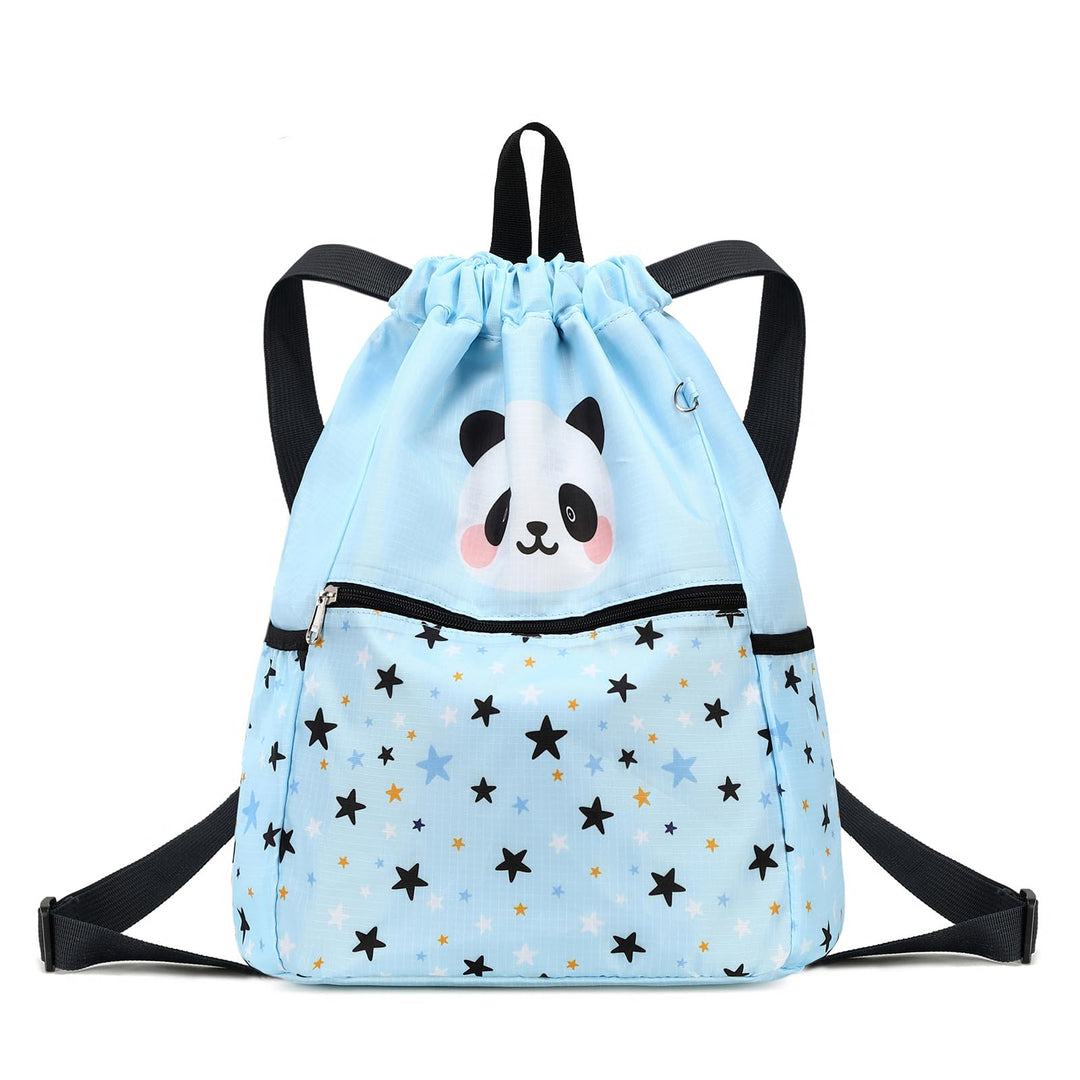 Ryushoyo Drawstring Backpack for Kids - Panda Bags for Girls Mini Gym Dance Beach Swim Travel Bag With Two Water Bottle Holder Light Blue
