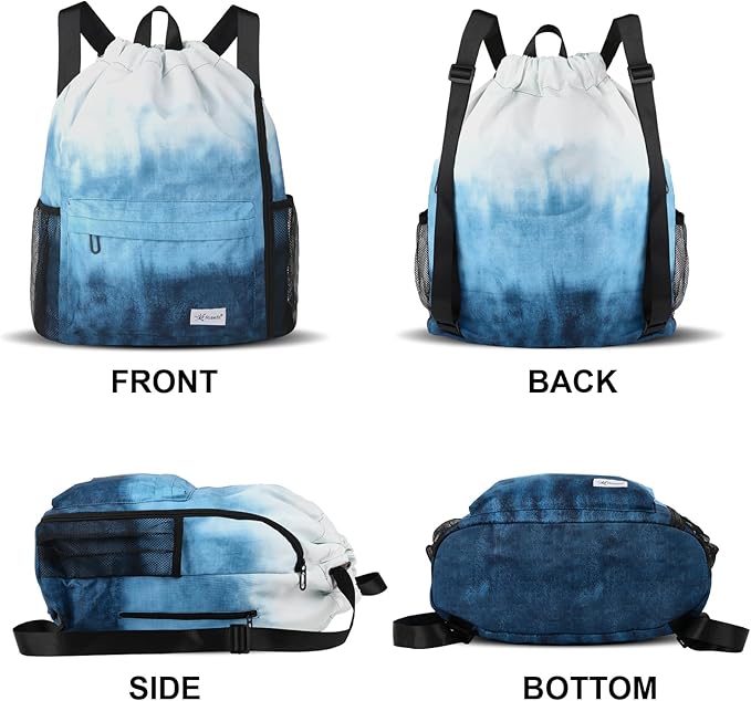 Drawstring Backpack with Mesh Pockets String Gym Bag Sackpack Sandproof Water Resistant Beach Backpack for Men Women