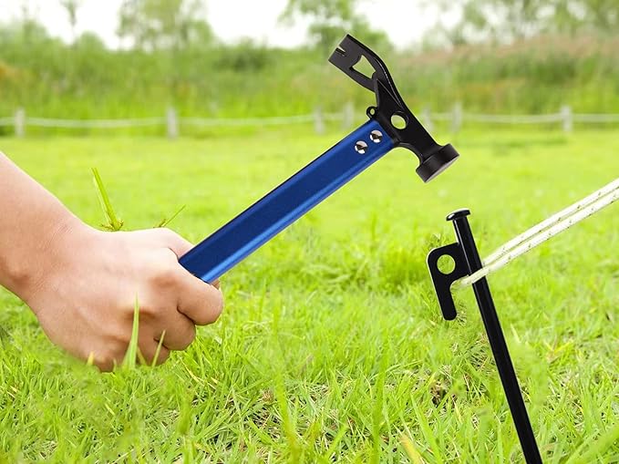 Carbon Steel Aluminum Camping Hammer, 12" Small Lightweight Three-in-One Functional Tent Stake Hammer for Hiking Kit Blue