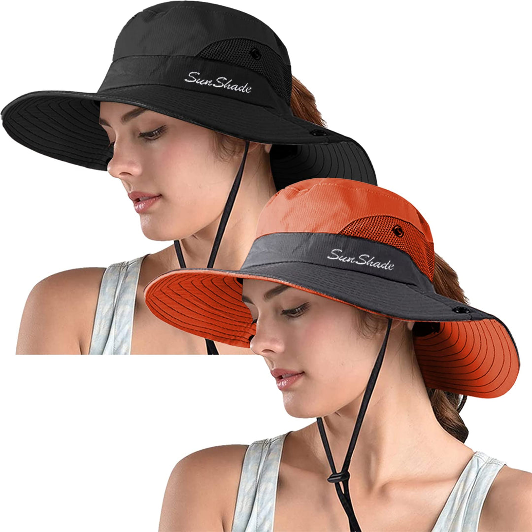 ZOORON 2 Pack Women's Ponytail Safari Sun Hat,Wide Brim UV Protection Outdoor Bucket Hat,Foldable Beach Summer Fishing Hat