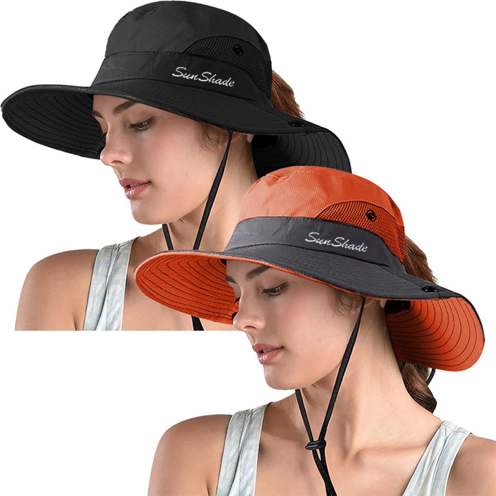 ZOORON 2 Pack Women's Ponytail Safari Sun Hat,Wide Brim UV Protection Outdoor Bucket Hat,Foldable Beach Summer Fishing Hat