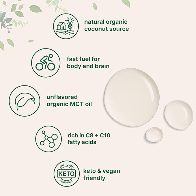 MCT Oil Organic, 32 fl oz |100% Virgin Coconut with C8 + C10 Fatty Acids | Natural Fuel for Brain Energy & Ketone Production | Great for Coffee or Dressings | Unflavored, Keto, Vegan