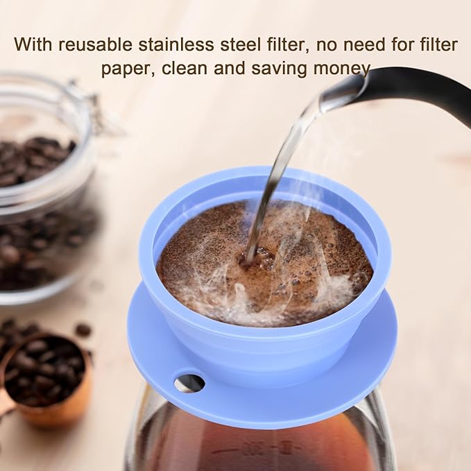 Collapsible Paperless Pour Over Coffee Dripper, Single Cup Travel Pour Over Coffee Maker Camping, Portable Silicone PourOver Coffee Filter with Reusable Metal Mesh Filter (Blue)
